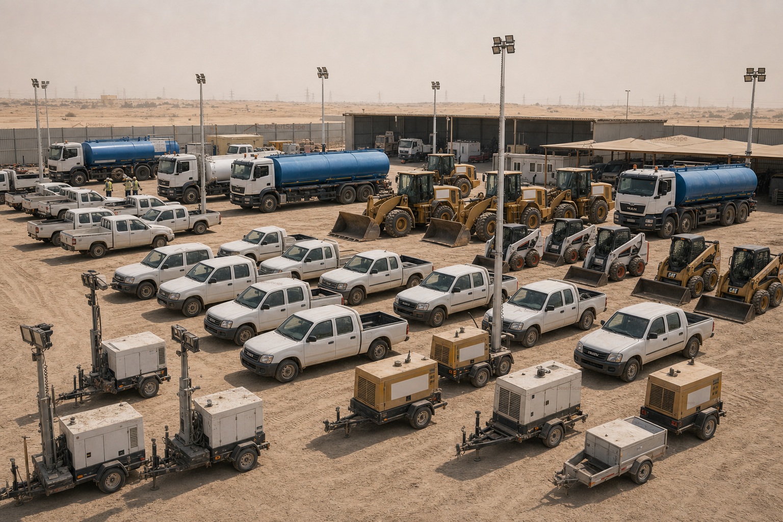 DesertScape ساحة معدات داخلية تحتوي على شاحنات وشاحنات صغيرة ورافعات ومولدات وأضواء أبراج