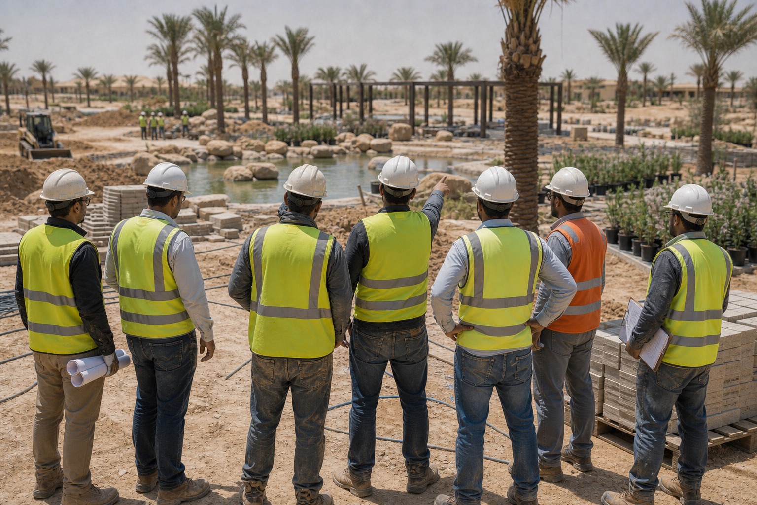 DesertScape يقوم فريق بمراجعة إنشاء المناظر الطبيعية للمنتجعات الخاصة